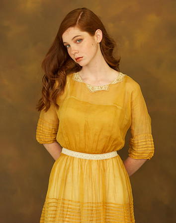 Redhead in Vintage Gold Dress